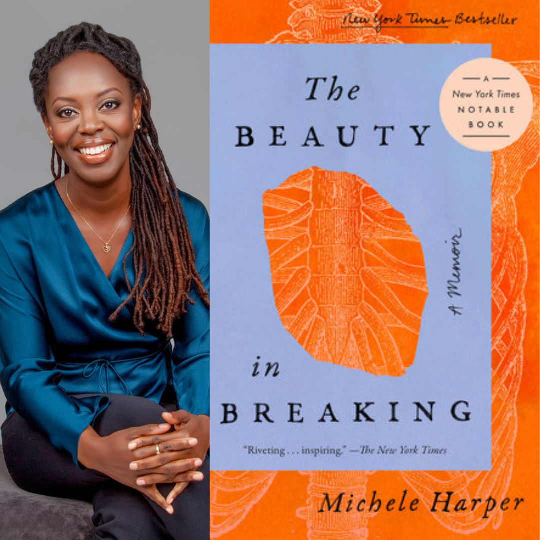 A split image of the author, Michele Harper, sitting with her legs crossed, hands on her knees, smiling, wearing a blue blouse and grey pants. The right hand image is a shot of the book cover for "The Beauty in Breaking", which is written on a blue field in black letters. The remaining image is orange.