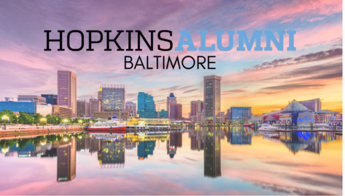 Baltimore skyline with Hopkins Alumni banner
