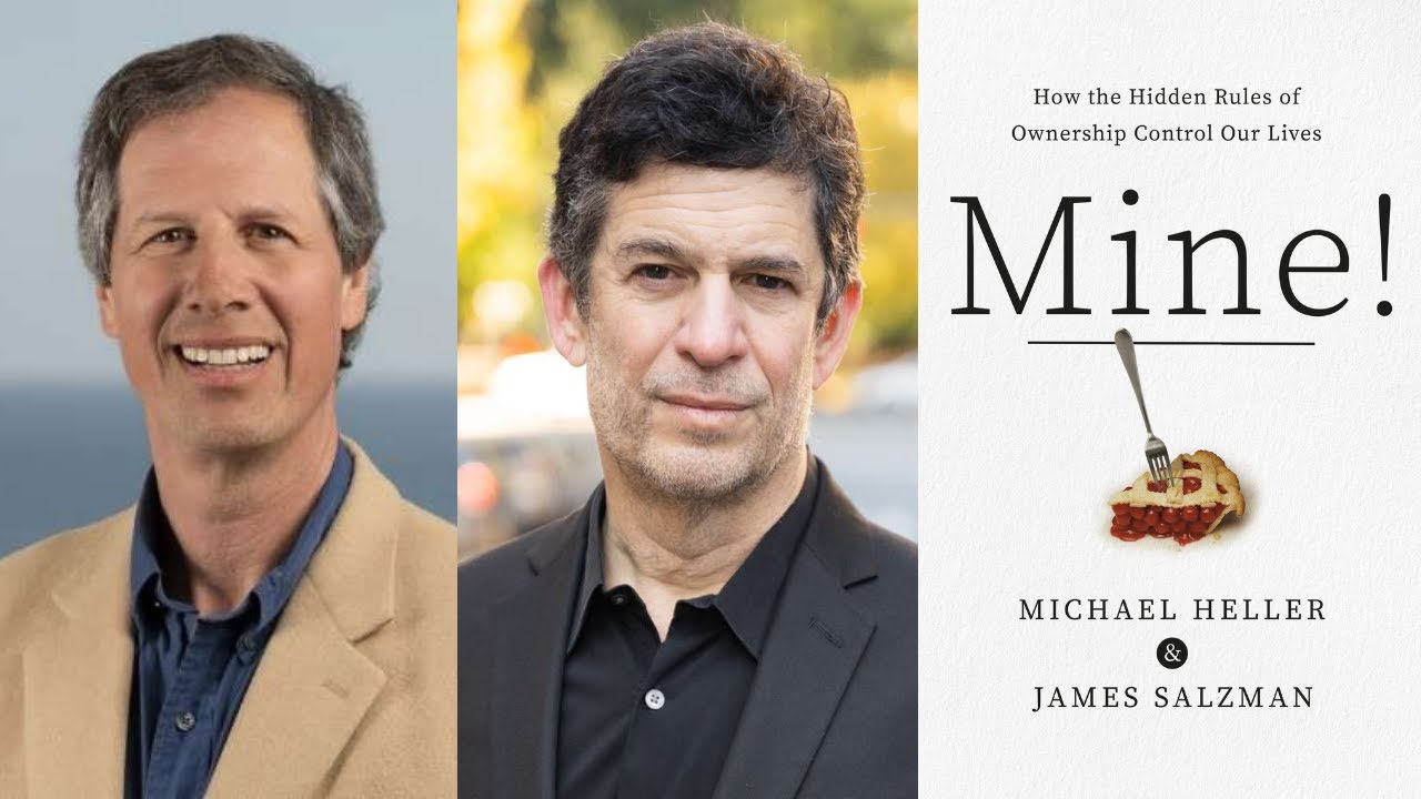 A photo of the authors, Michael Heller and James Salzman, next to the cover of their book
