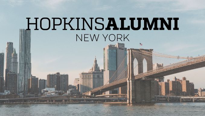New York skyline, Hopkins Alumni and New York banners