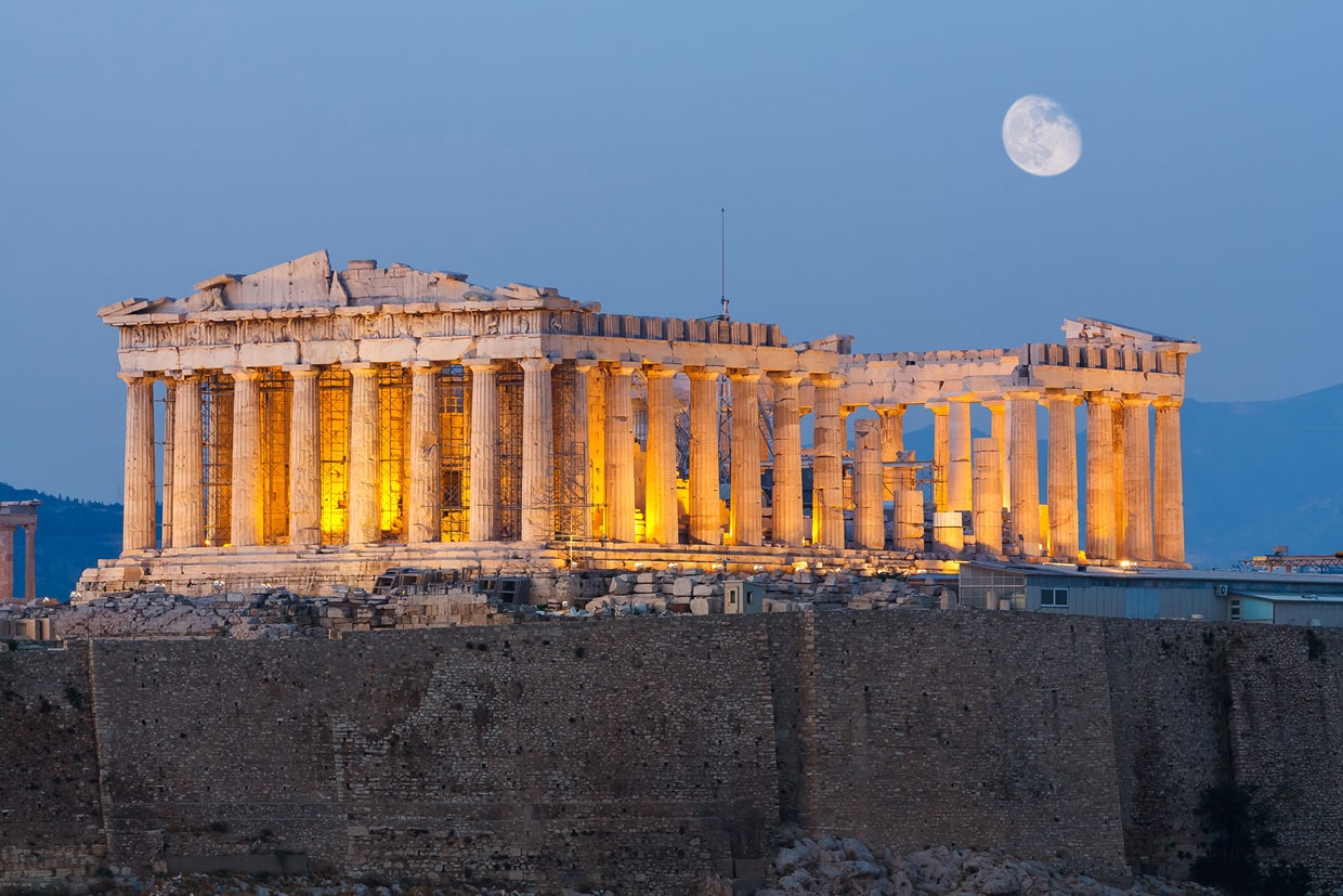 Parthenon lit up at night