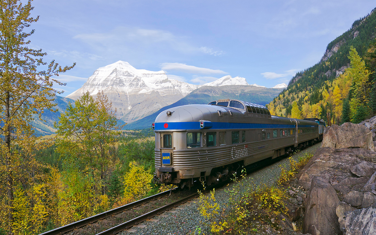 train with mountains in background