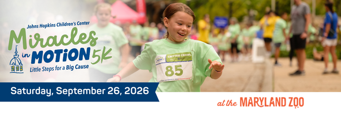 Young girl running with the Miracles in Motion 5K logo overlayed