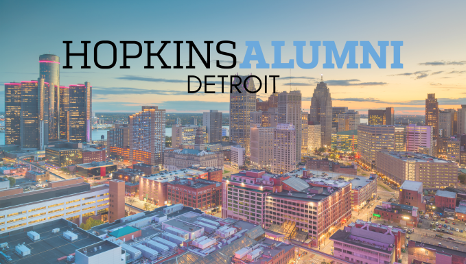 Detroit skyline, Hopkins Alumni banner 