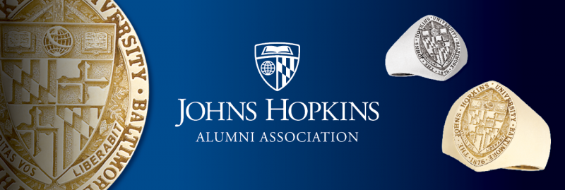 Johns Hopkins Alumni Association shiels with rings in the background