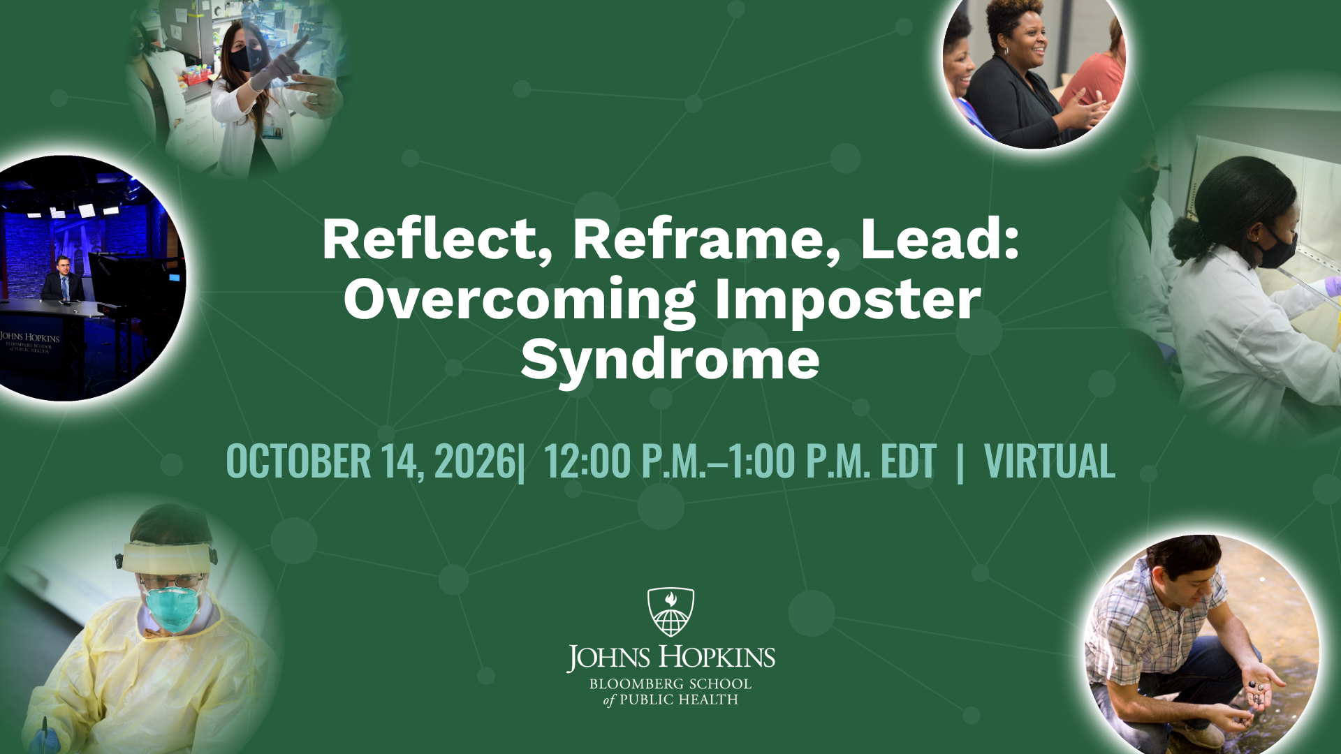 Green background white text reading Reflect, Reframe, Lead: Overcoming Imposter Syndrome Header Image