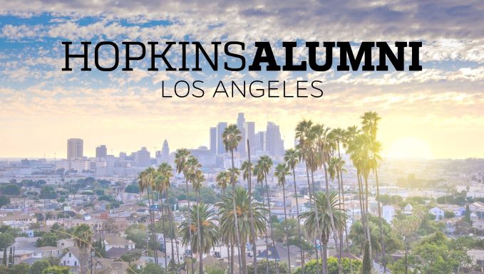 Los Angeles skyline, Hopkins Alumni banner