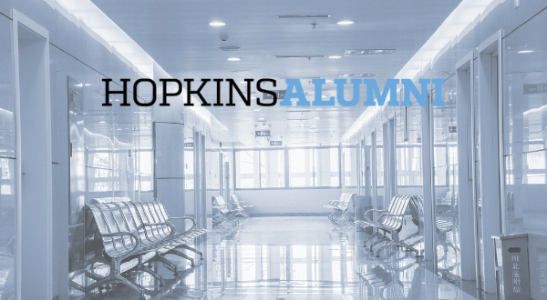 Photo of a hospital corridor with Hopkins Alumni over the image. 