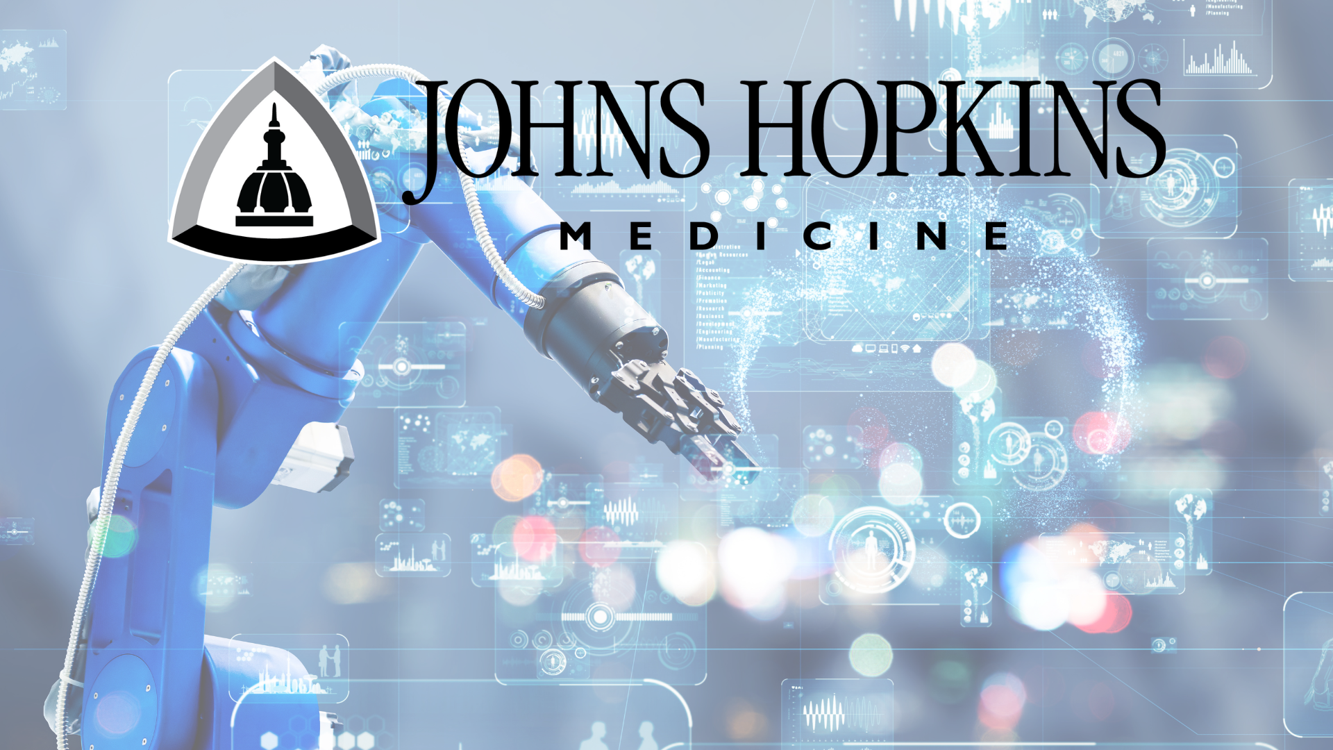 A robotic arm and symbols of technology with the JHM logo overlayed on the photo