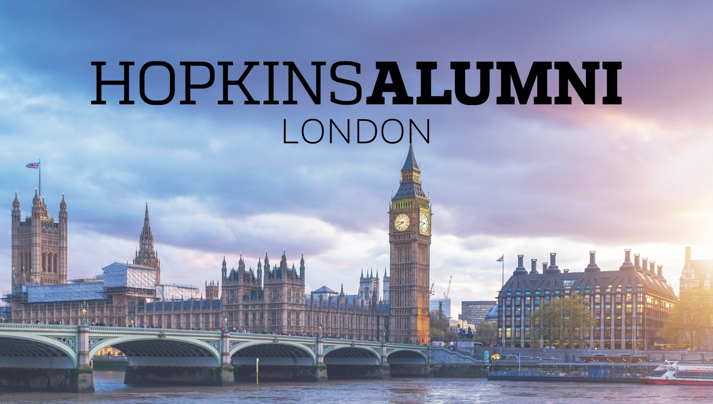 Cityscape of London with Hopkins Alumni Logo