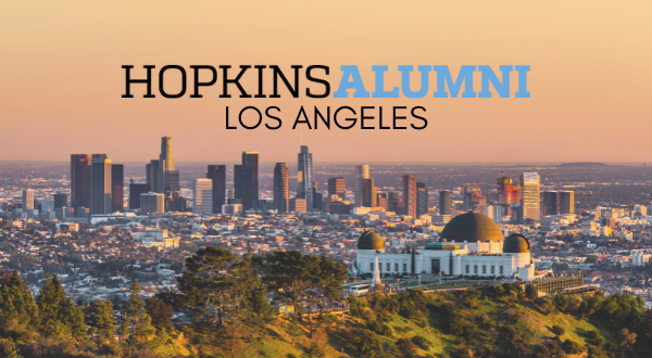 Los Angeles skyline, Hopkins Alumni banner
