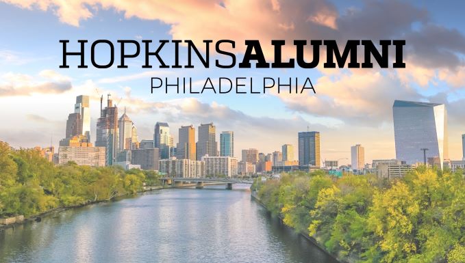 Philadelphia Skyline with Hopkins Alumni Logo