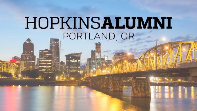 Portland skyline with Hopkins Alumni banner 