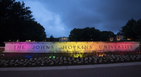 Johns Hopkins University wall with pride lights