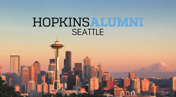 Seattle skyline, Hopkins Alumni banner