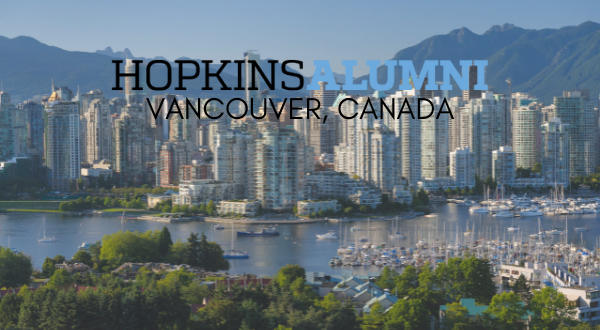 Vancouver Canada skylin with Hopkins Alumni banner 
