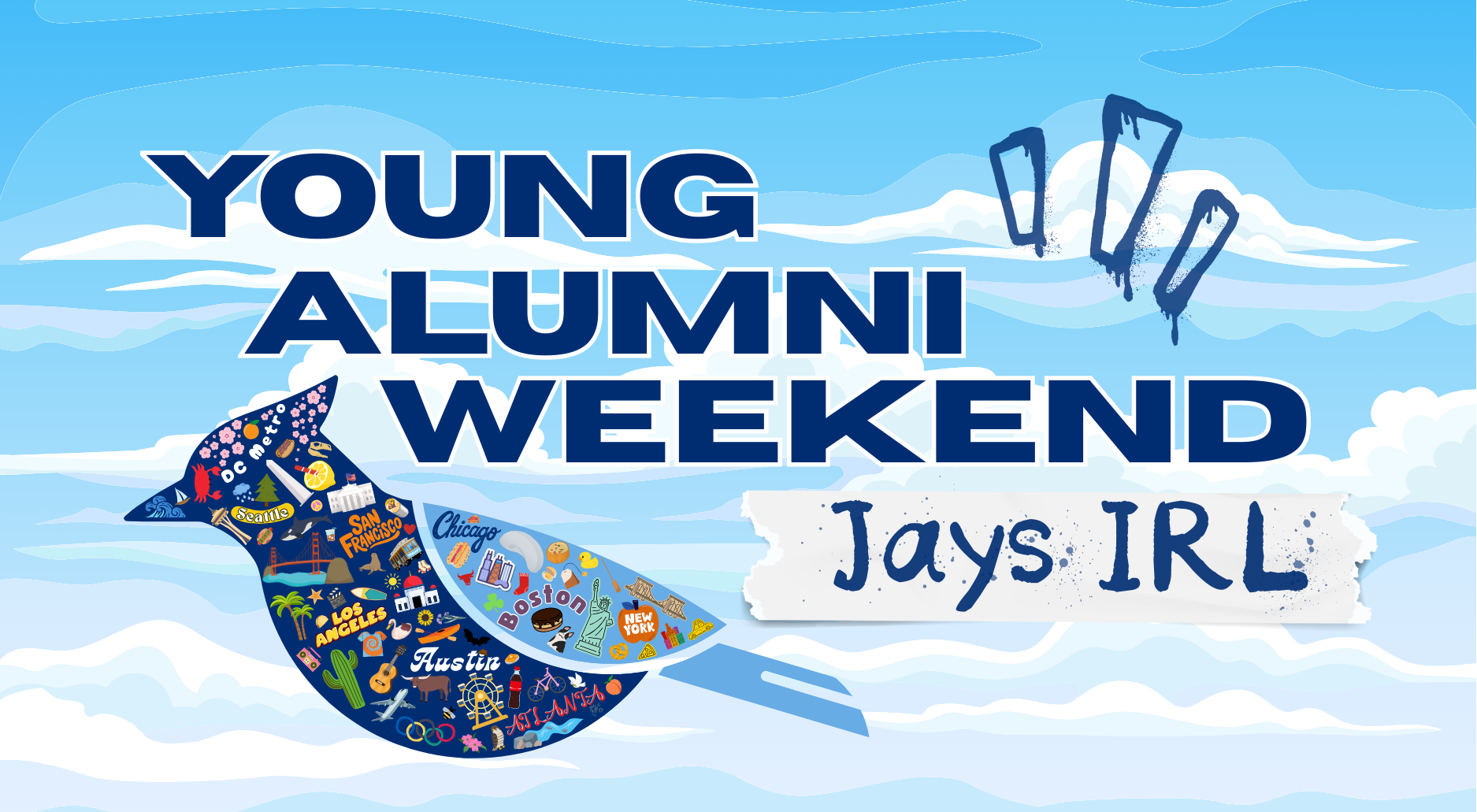Sky with clouds and young alumni Jays IRL logo